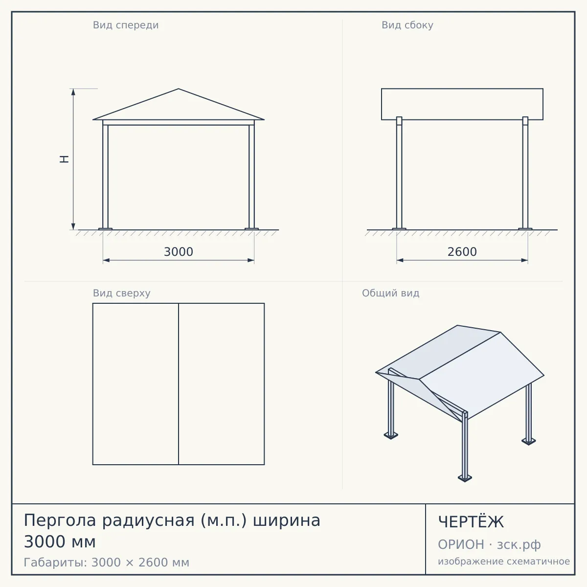 Пергола радиусная (м.п.) ширина 3000 мм — чертёж