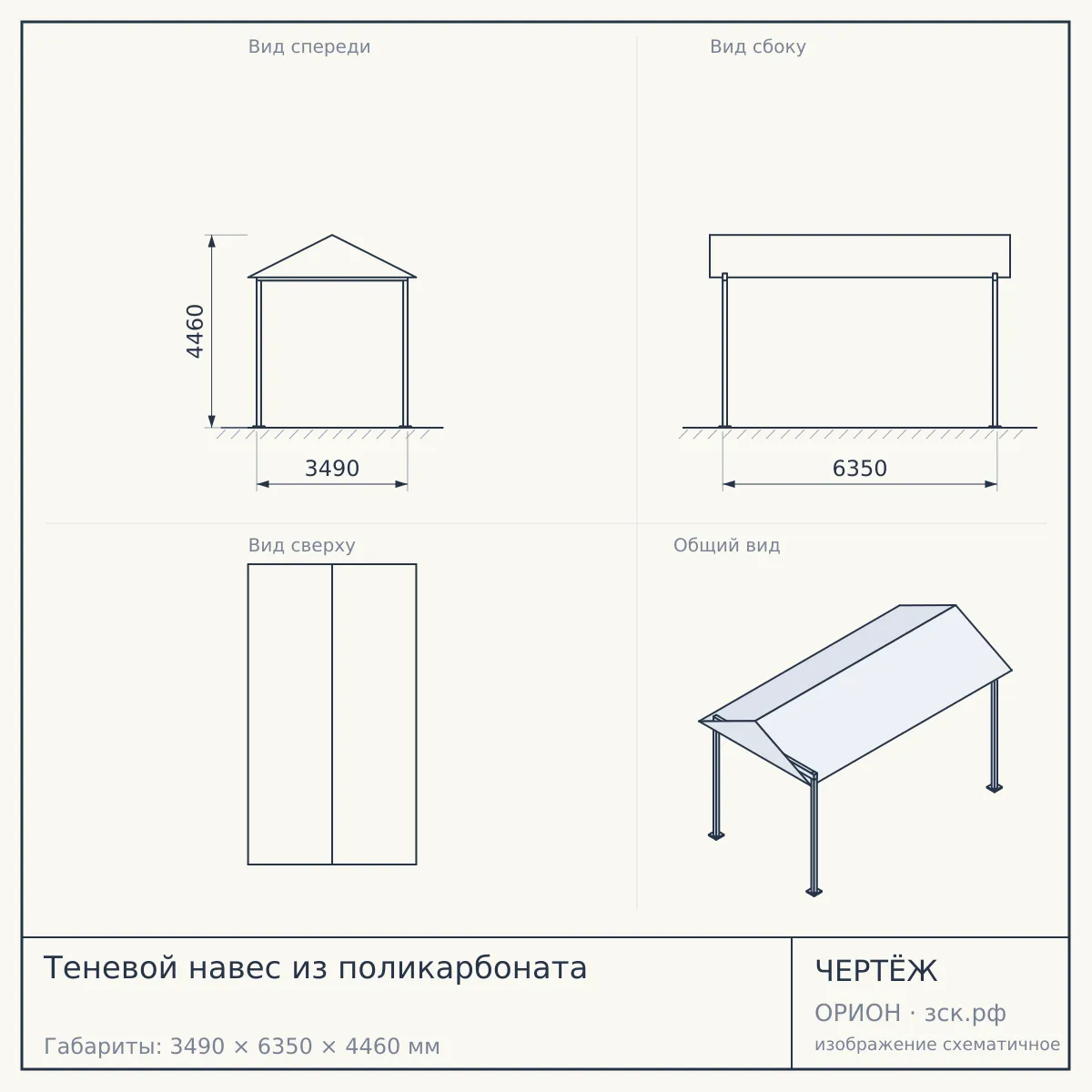 Теневой навес из поликарбоната — чертёж